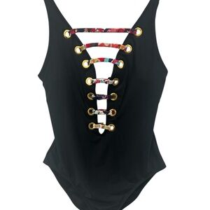 Bleu Rod Beattie One-Piece Swimsuit Size 6 Black Lace-Up Front Multi-Strap